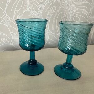 Set of Two Blue Swirl Hand Blown Glass Goblets